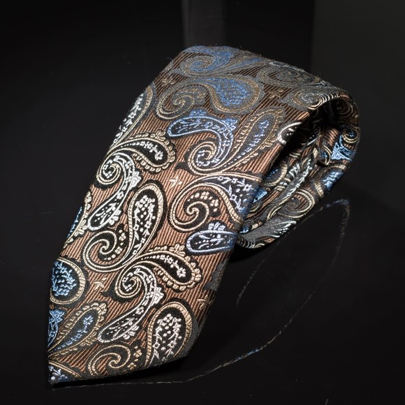 XMI Platinum Mens 100% Silk Tie Designer Brown Light Blue Paisley USA - Picture 2 of 5